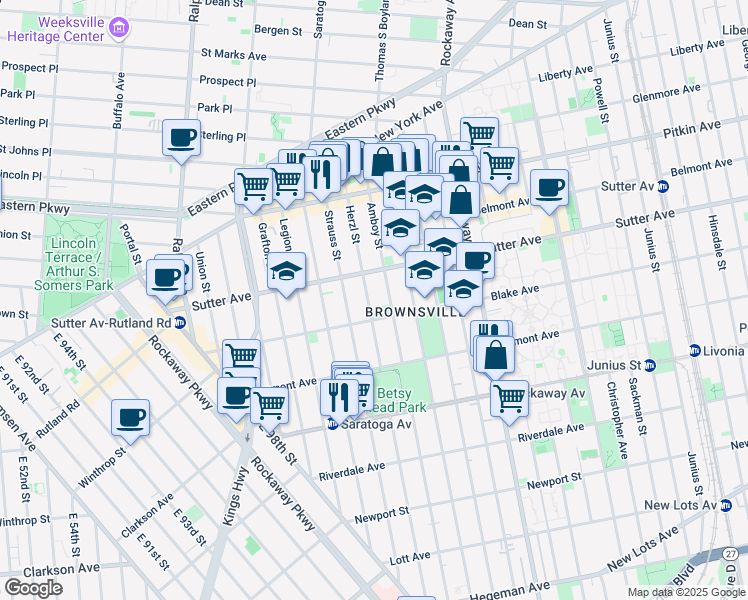map of restaurants, bars, coffee shops, grocery stores, and more near 205 Herzl Street in Brooklyn