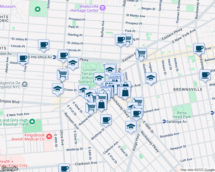 map of restaurants, bars, coffee shops, grocery stores, and more near 48 Rockaway Parkway in Brooklyn