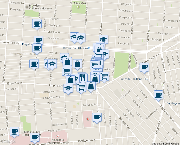 map of restaurants, bars, coffee shops, grocery stores, and more near 734 Crown Street in Brooklyn