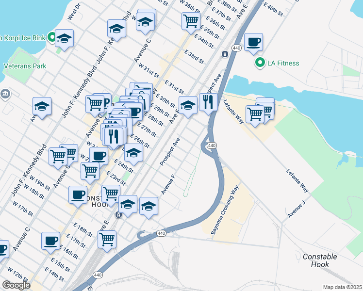 map of restaurants, bars, coffee shops, grocery stores, and more near 73 East 26th Street in Bayonne