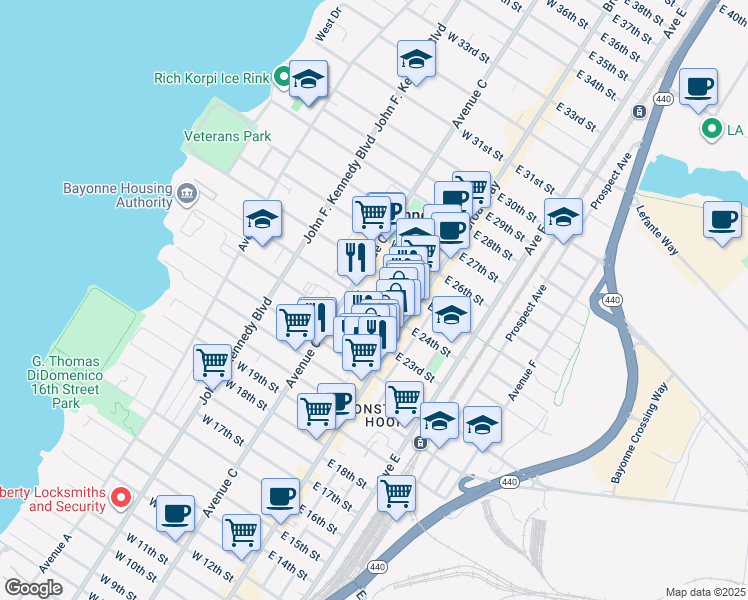 map of restaurants, bars, coffee shops, grocery stores, and more near 33 West 24th Street in Bayonne