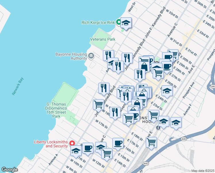 map of restaurants, bars, coffee shops, grocery stores, and more near 549 John F. Kennedy Boulevard in Bayonne