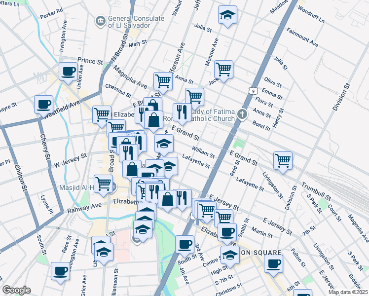 map of restaurants, bars, coffee shops, grocery stores, and more near 1045 Lafayette Street in Elizabeth