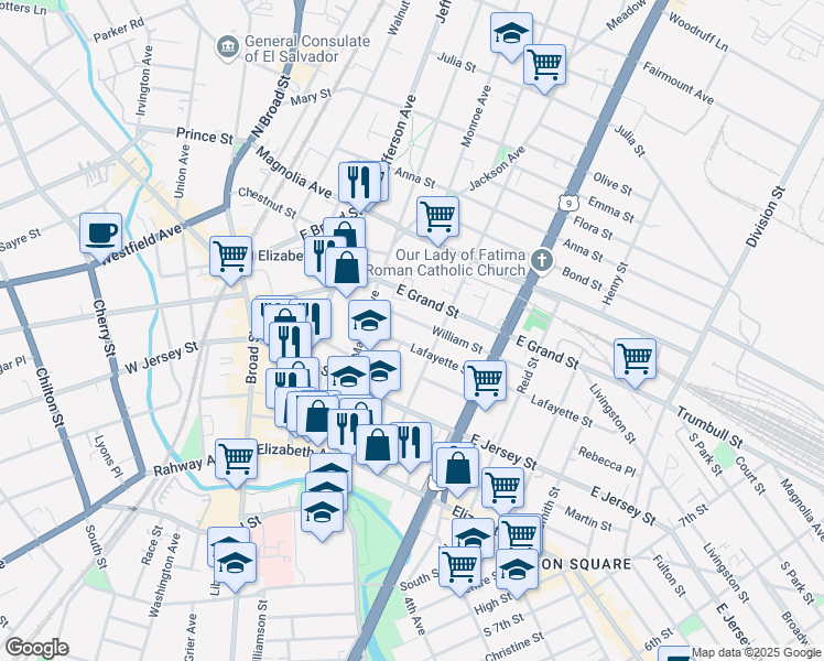 map of restaurants, bars, coffee shops, grocery stores, and more near 1045 Lafayette Street in Elizabeth