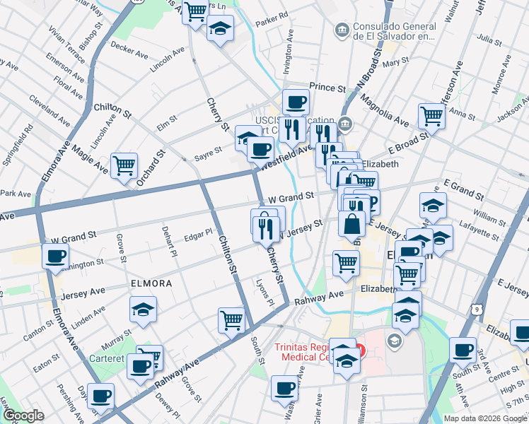 map of restaurants, bars, coffee shops, grocery stores, and more near 135 New Jersey 27 in Elizabeth