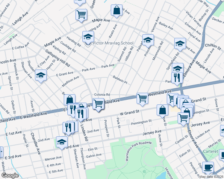 map of restaurants, bars, coffee shops, grocery stores, and more near 3 Hillside Road in Elizabeth