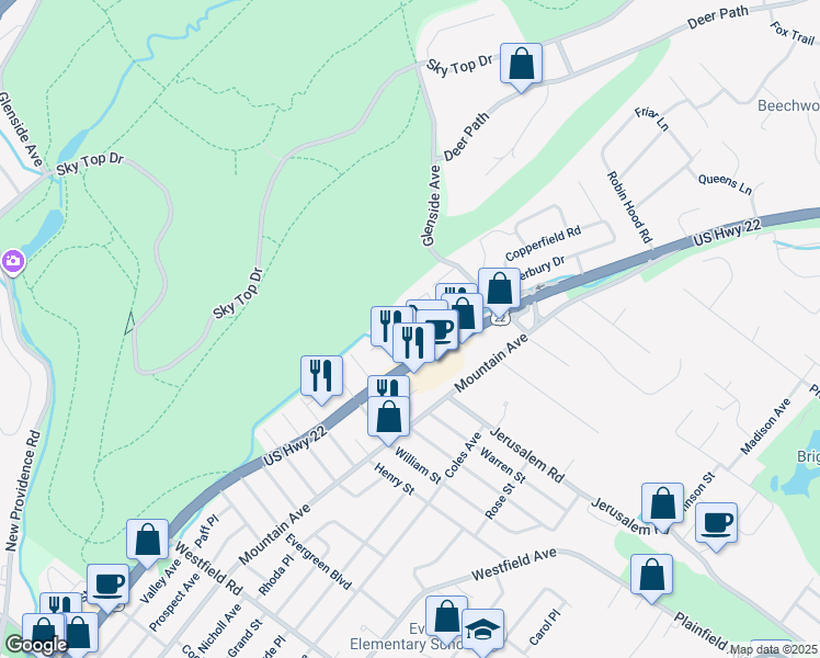 map of restaurants, bars, coffee shops, grocery stores, and more near 2507 U.S. 22 in Scotch Plains