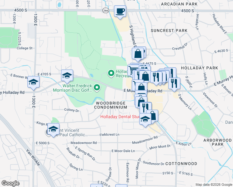 map of restaurants, bars, coffee shops, grocery stores, and more near 4821 South 1740 East in Holladay