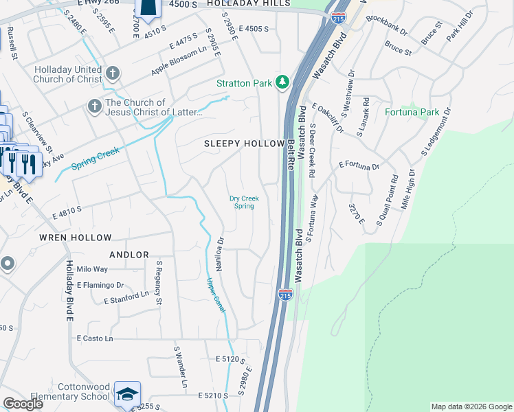 map of restaurants, bars, coffee shops, grocery stores, and more near 4783 Bron Breck Street in Holladay