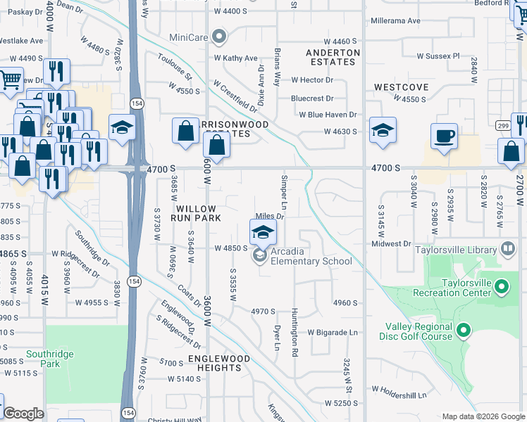 map of restaurants, bars, coffee shops, grocery stores, and more near 4814 Miles Circle in Taylorsville