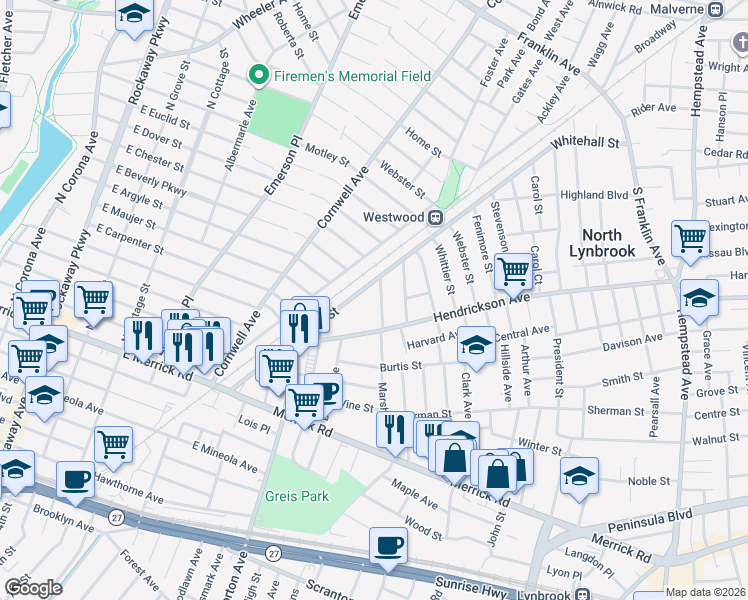map of restaurants, bars, coffee shops, grocery stores, and more near 279 Hendrickson Avenue in Lynbrook