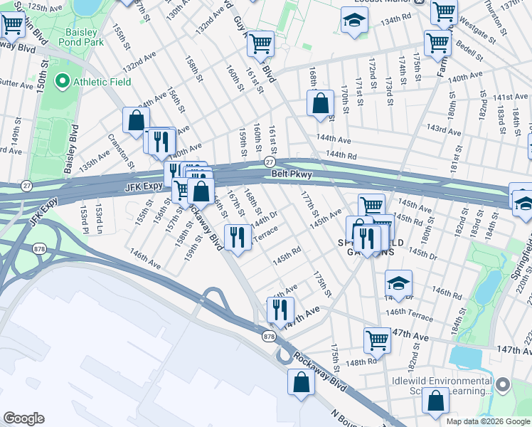 map of restaurants, bars, coffee shops, grocery stores, and more near 168-03 144th Terrace in Queens