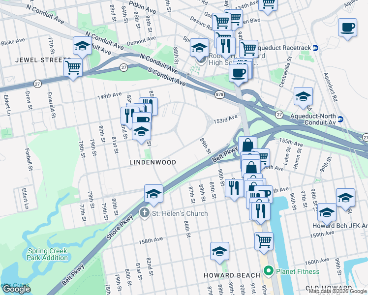 map of restaurants, bars, coffee shops, grocery stores, and more near 88-07 Shore Parkway in Queens