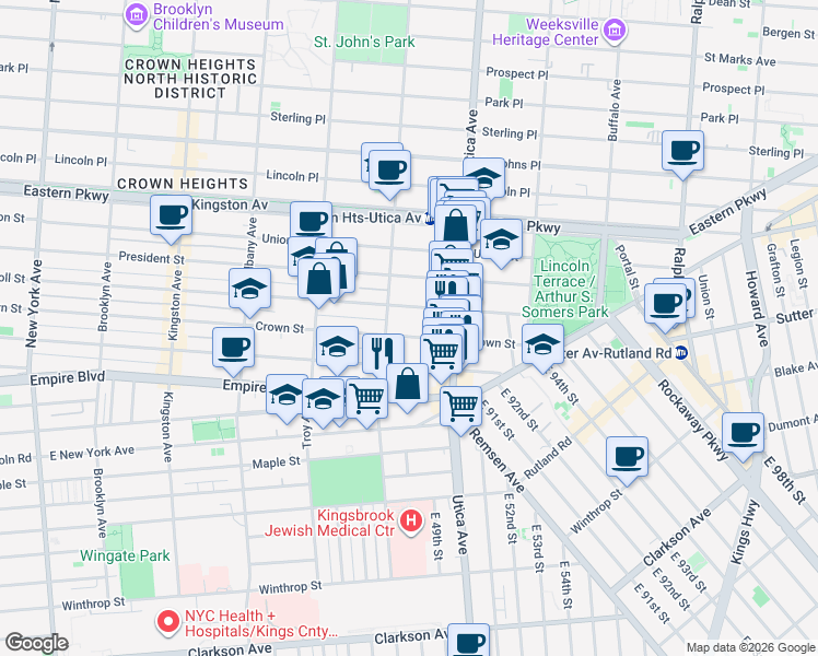 map of restaurants, bars, coffee shops, grocery stores, and more near 734 Crown Street in Brooklyn