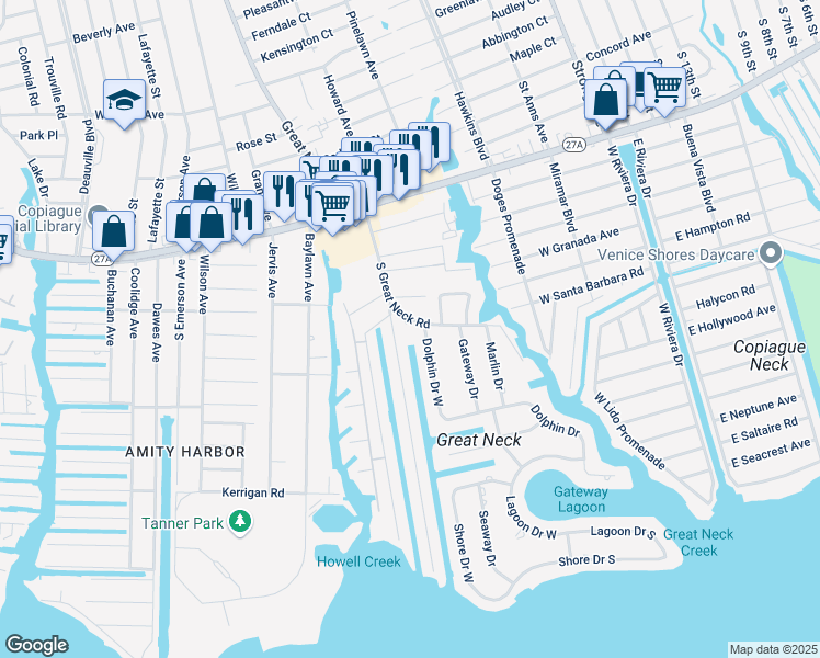 map of restaurants, bars, coffee shops, grocery stores, and more near 301 South Great Neck Road in Copiague