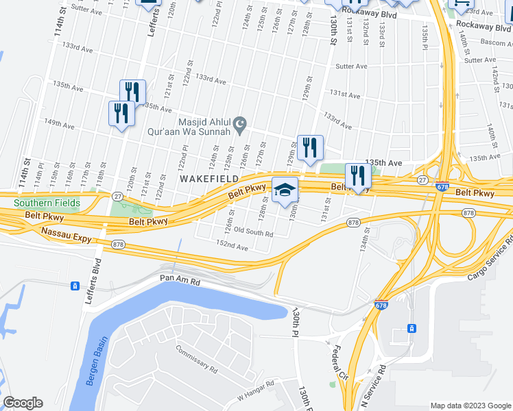 map of restaurants, bars, coffee shops, grocery stores, and more near 127-11 150th Avenue in Queens