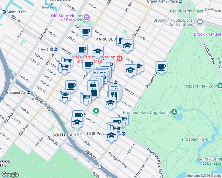 map of restaurants, bars, coffee shops, grocery stores, and more near 578 10th Street in Brooklyn