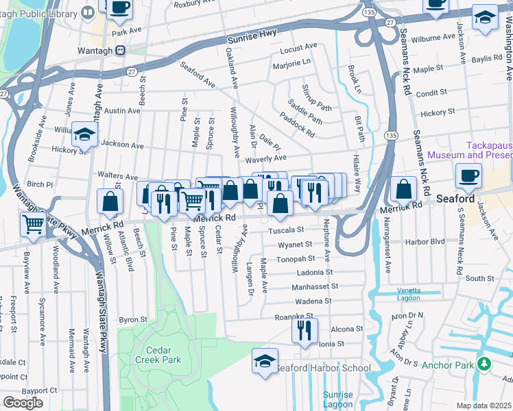 map of restaurants, bars, coffee shops, grocery stores, and more near 2220 Kenora Place in Seaford