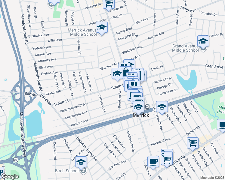map of restaurants, bars, coffee shops, grocery stores, and more near 1952 Commonwealth Avenue in Merrick
