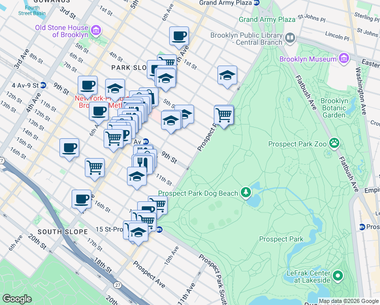 map of restaurants, bars, coffee shops, grocery stores, and more near 136 Prospect Park West in Brooklyn