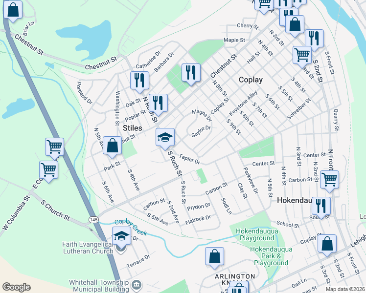 map of restaurants, bars, coffee shops, grocery stores, and more near 19 Tapler Drive in Coplay