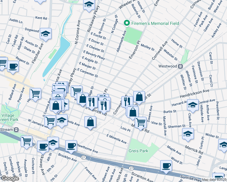 map of restaurants, bars, coffee shops, grocery stores, and more near 142 East Street Marks Place in Valley Stream
