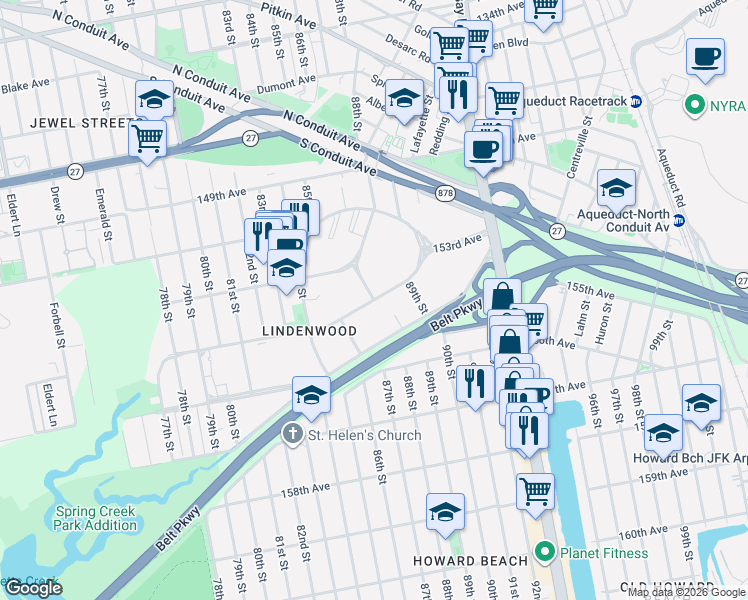 map of restaurants, bars, coffee shops, grocery stores, and more near 88-29 155th Avenue in Queens