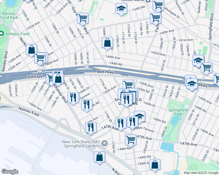 map of restaurants, bars, coffee shops, grocery stores, and more near 145-06 177th Street in Queens