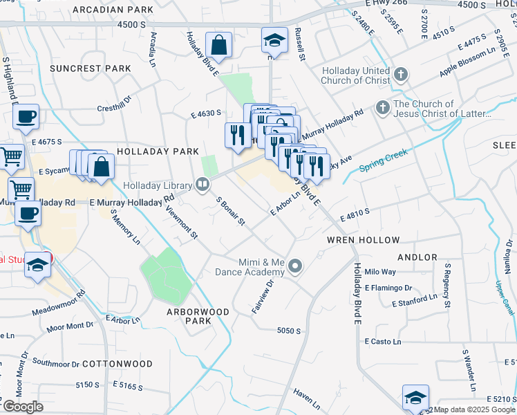 map of restaurants, bars, coffee shops, grocery stores, and more near 2220 East Murray Holladay Road in Holladay