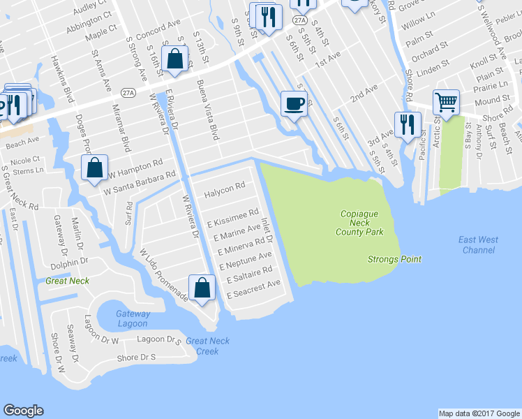 map of restaurants, bars, coffee shops, grocery stores, and more near 2 East Kissimee Road in Lindenhurst