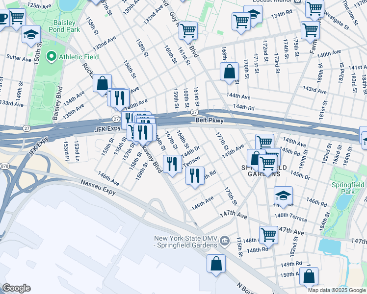 map of restaurants, bars, coffee shops, grocery stores, and more near 166-17 144th Drive in Queens