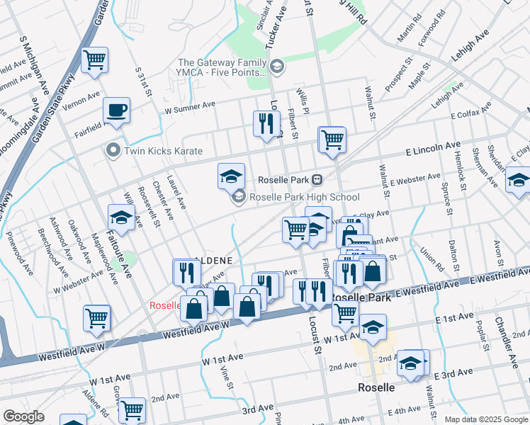 map of restaurants, bars, coffee shops, grocery stores, and more near 135 West Clay Avenue in Roselle Park