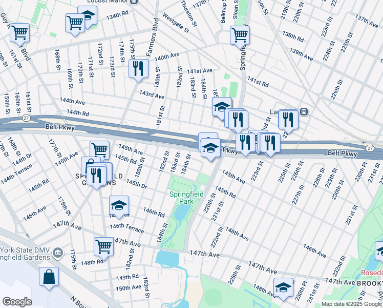 map of restaurants, bars, coffee shops, grocery stores, and more near 184-03 145th Avenue in Queens