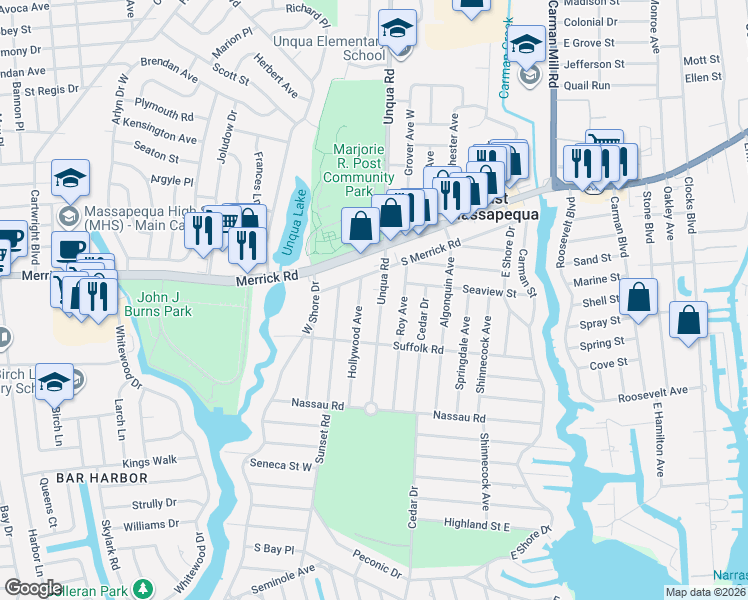 map of restaurants, bars, coffee shops, grocery stores, and more near 75 Unqua Road in Massapequa