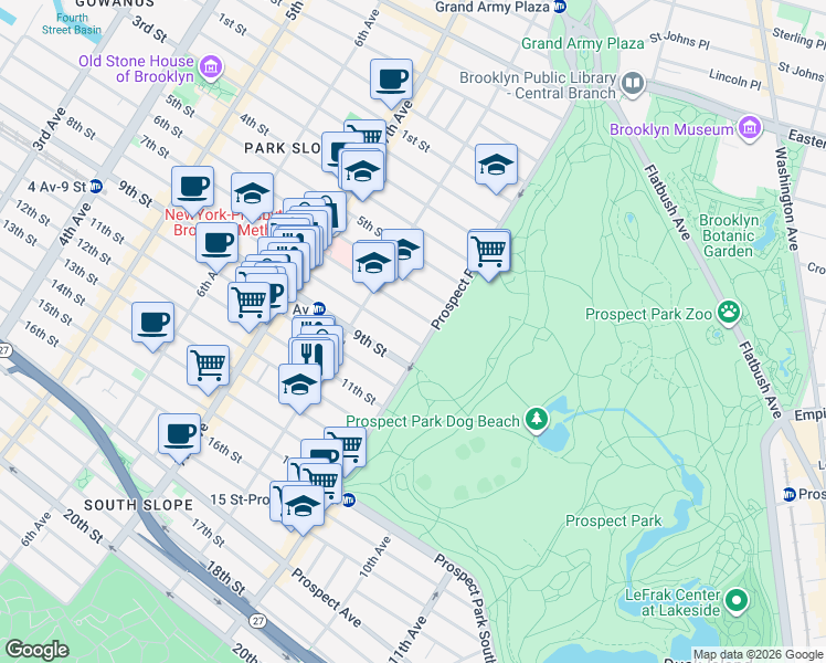map of restaurants, bars, coffee shops, grocery stores, and more near 136 Prospect Park West in Brooklyn