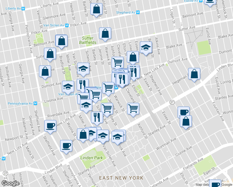 map of restaurants, bars, coffee shops, grocery stores, and more near 718 New Lots Avenue in Brooklyn