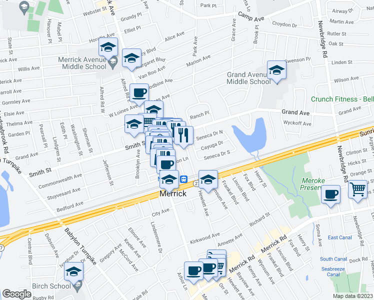 map of restaurants, bars, coffee shops, grocery stores, and more near 141 Hewlett Avenue in Merrick