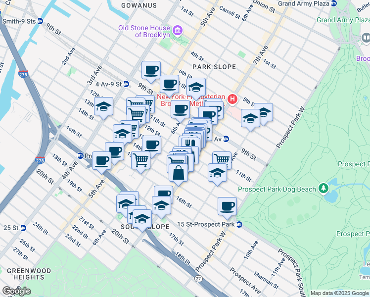 map of restaurants, bars, coffee shops, grocery stores, and more near 383 12th Street in Brooklyn