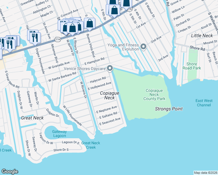 map of restaurants, bars, coffee shops, grocery stores, and more near 8 East Marine Avenue in Lindenhurst
