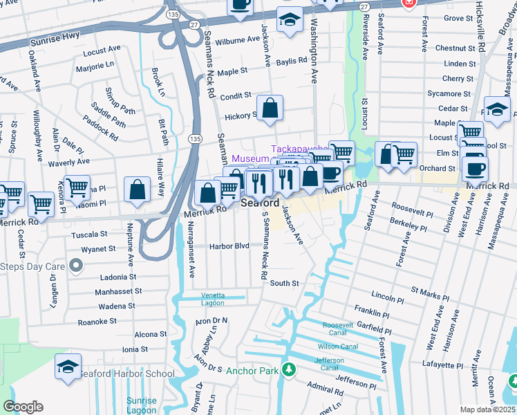 map of restaurants, bars, coffee shops, grocery stores, and more near 3860 Merrick Road in Seaford