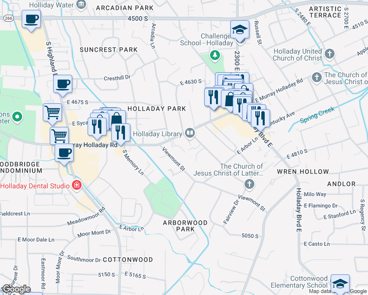 map of restaurants, bars, coffee shops, grocery stores, and more near 4825 Viewmont Street in Salt Lake City