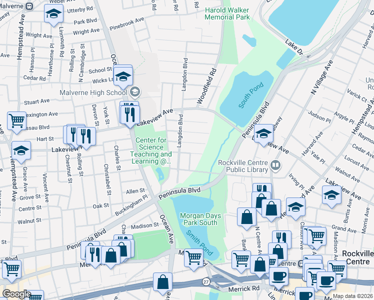 map of restaurants, bars, coffee shops, grocery stores, and more near 1432 Lawrence Avenue in Rockville Centre