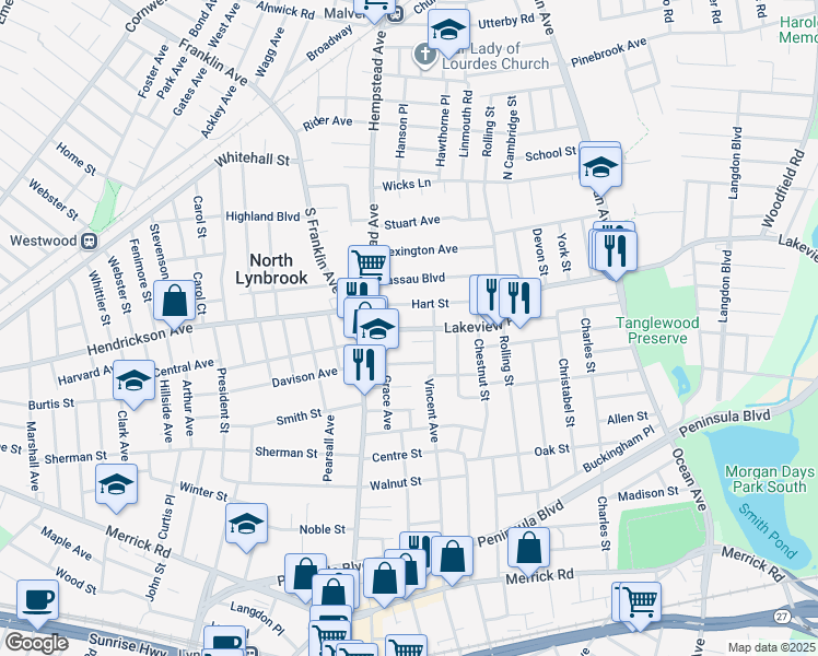 map of restaurants, bars, coffee shops, grocery stores, and more near 49 Davison Avenue in Lynbrook