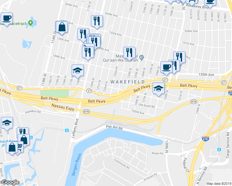 map of restaurants, bars, coffee shops, grocery stores, and more near 124-10 South Conduit Avenue in Queens