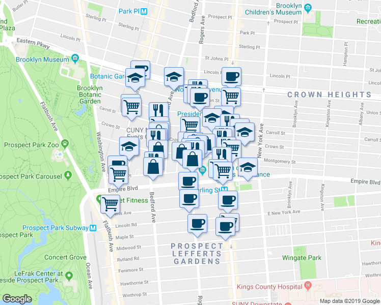 map of restaurants, bars, coffee shops, grocery stores, and more near 21 Ludlam Place in Brooklyn