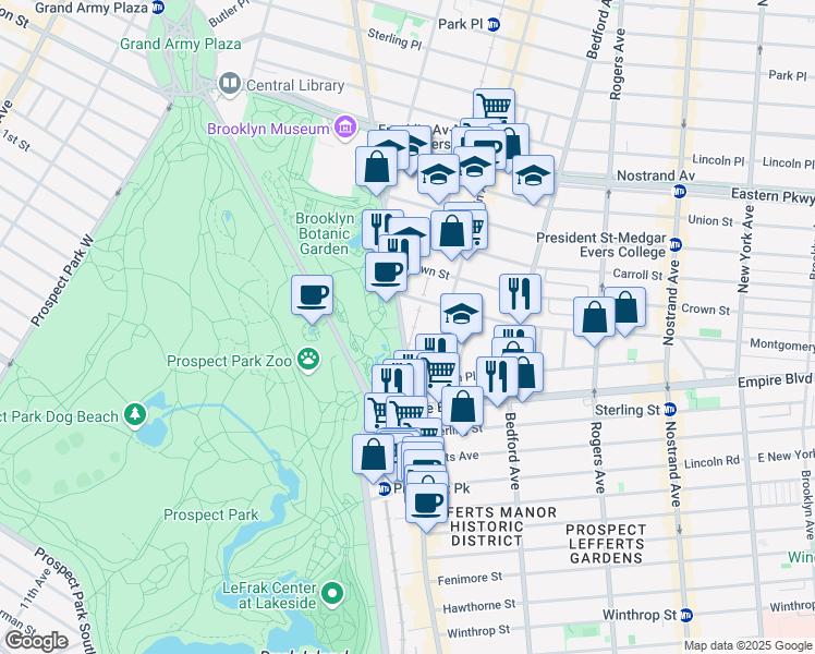 map of restaurants, bars, coffee shops, grocery stores, and more near 972 Franklin Avenue in Brooklyn