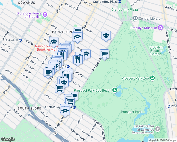 map of restaurants, bars, coffee shops, grocery stores, and more near 136 Prospect Park West in Brooklyn