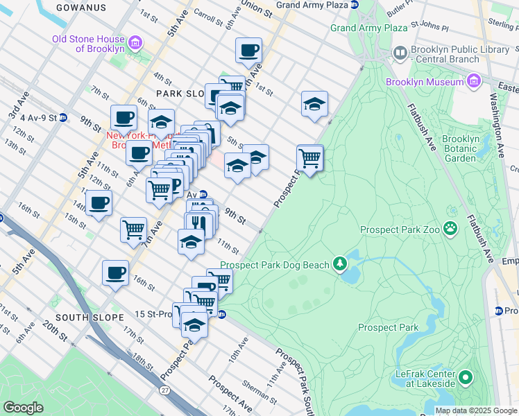 map of restaurants, bars, coffee shops, grocery stores, and more near 136 Prospect Park West in Brooklyn