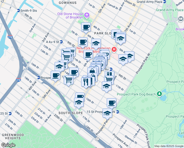 map of restaurants, bars, coffee shops, grocery stores, and more near 389 7th Avenue in Brooklyn