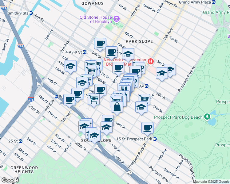 map of restaurants, bars, coffee shops, grocery stores, and more near 365 13th Street in Brooklyn